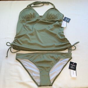 Salt + Cove Ribbed Shirred Halter Tankini Top & Bikini Bottom Sz LARGE